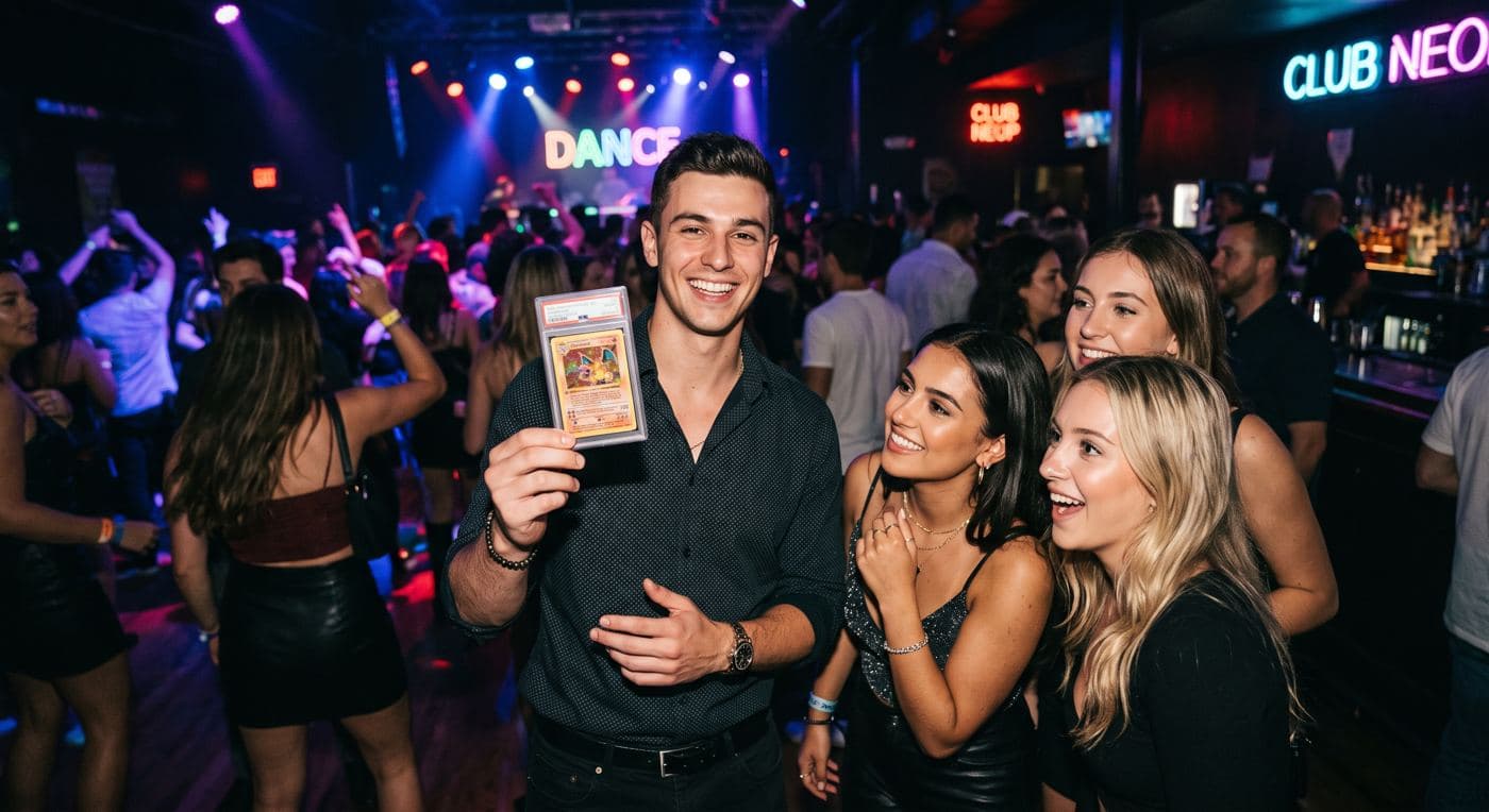 A smiling man holding up a slabbed holographic trading card on a crowded nightclub dance floor under colored lights, with a neon sign reading Club Neon.