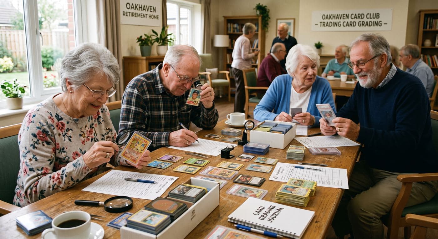 Four elderly residents at a table in a retirement home lounge examining trading cards with loupes and magnifying glasses, beneath signs for the home's card club.