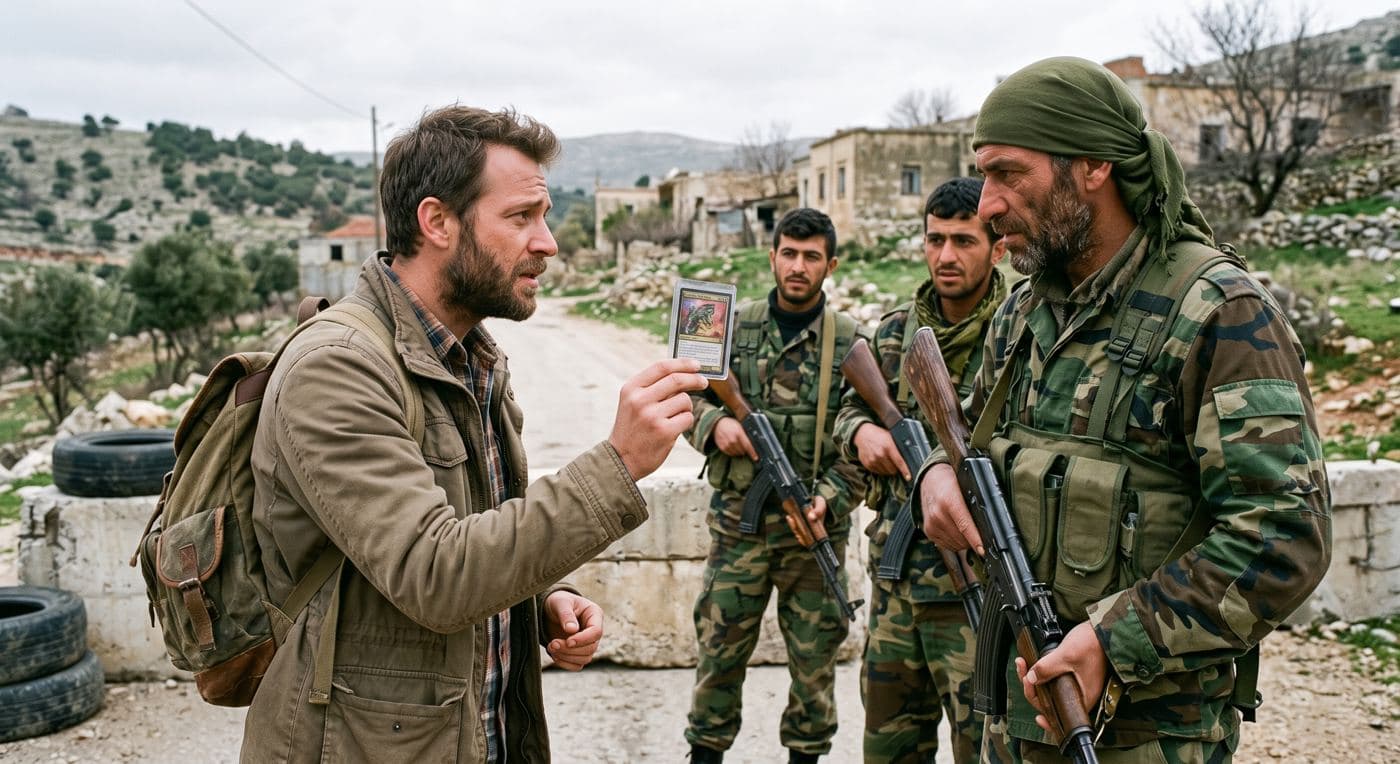 A man with a backpack holds up a sleeved trading card toward three armed men in camouflage at a rural checkpoint.