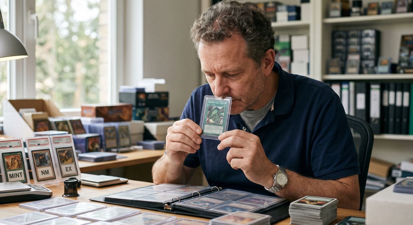 A grader holding a sleeved trading card to his nose at a desk, with slabbed cards labeled MINT, NM and EX beside him.
